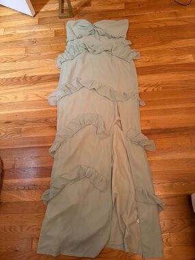 PrettyLittleThing Pale Sage Green Strapless Ruffle Maxi Dress